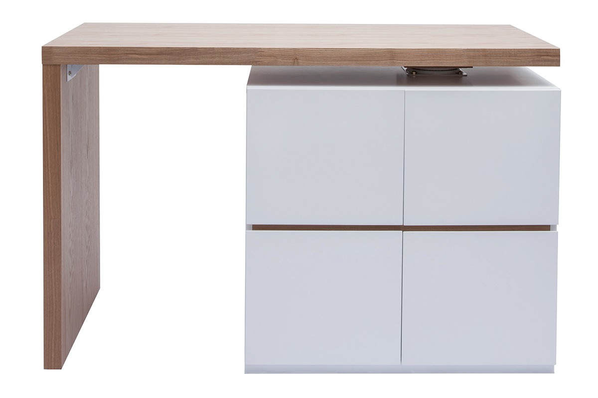 lot - table de bar modulable avec rangement blanc mat et bois clair chne L140-165 cm MAX