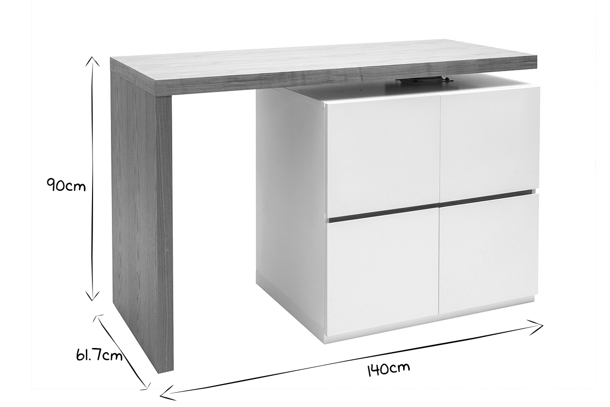 lot - table de bar modulable avec rangement blanc mat et bois clair chne L140-165 cm MAX