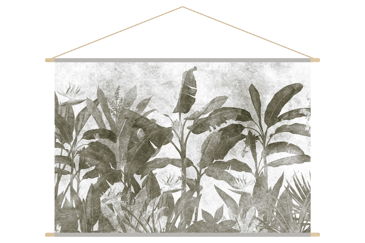 Kakemono tableau en toile suspendue feuilles tropicales noir et blanc L150 x H100 cm MACA