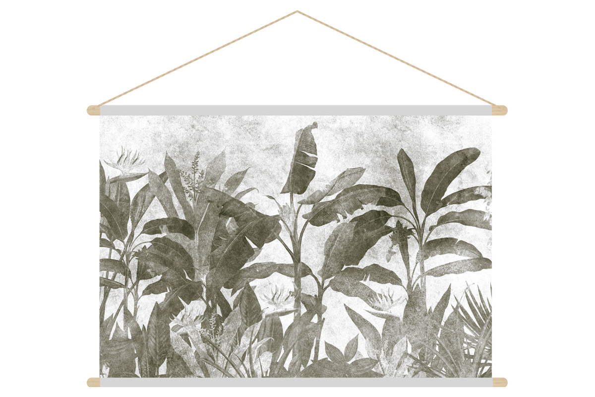 Kakemono tableau en toile suspendue feuilles tropicales noir et blanc L90 x H60 cm MACA