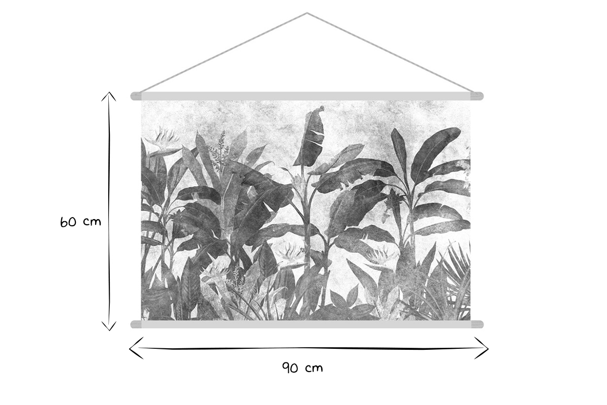 Kakemono tableau en toile suspendue feuilles tropicales noir et blanc L90 x H60 cm MACA