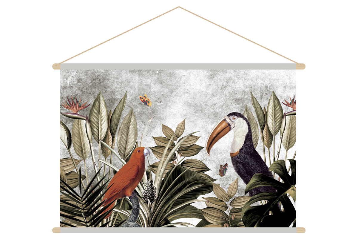 Kakemono tableau en toile suspendue jungle et oiseaux tropicaux L90 x H60 cm PASSARO