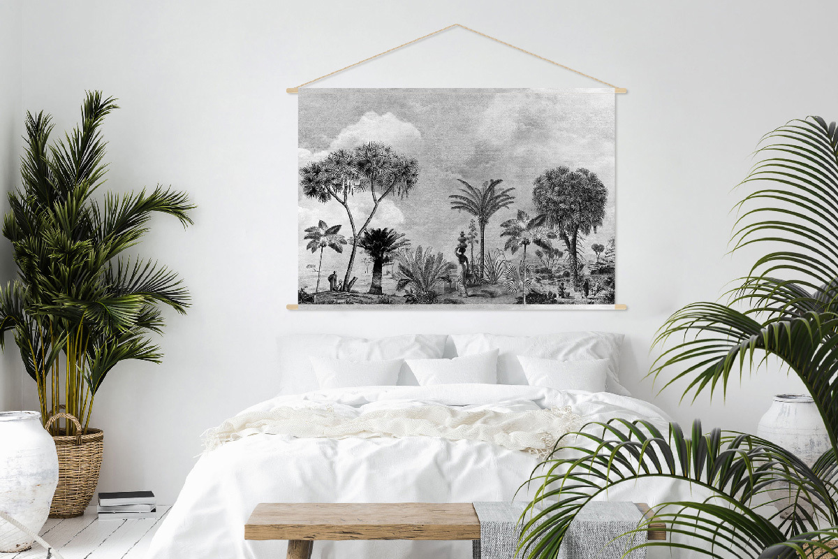 Kakemono tableau en toile suspendue village ethnique tropical noir et blanc L150 x H100 cm BAMAKO