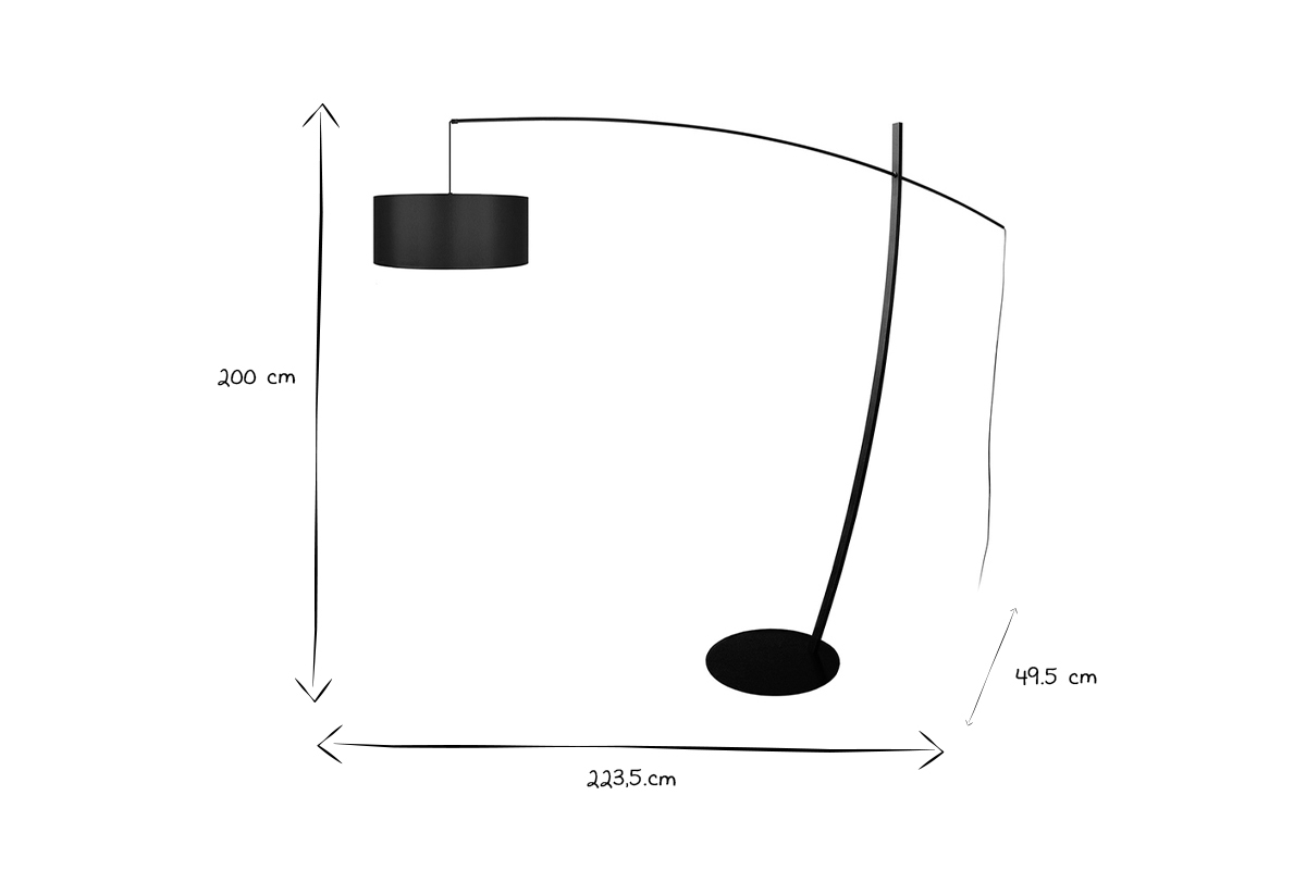 Lampadaire arc design noir avec abat-jour en coton et mtal L200 cm ESCAPE