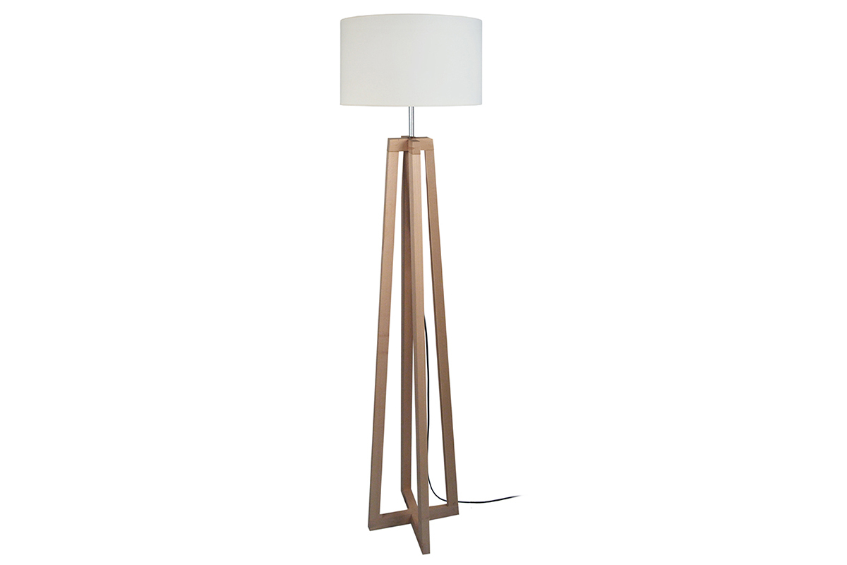 Lampadaire design avec abat-jour en tissu blanc et bois clair massif H150 cm MANON