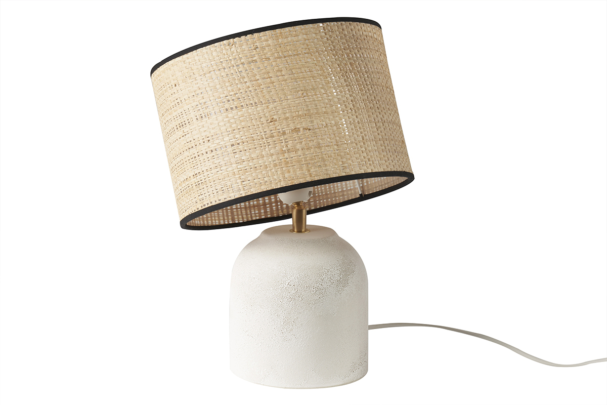 Lampe  poser blanche en cramique effet pierre et abat-jour en raphia H35 cm ROCHA