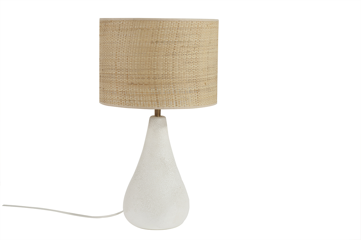 Lampe  poser blanche en cramique effet pierre et abat-jour en raphia H49 cm PYRUS