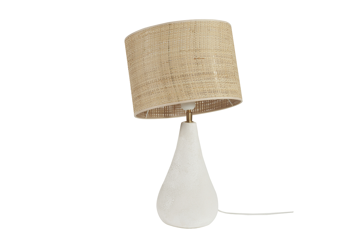 Lampe  poser blanche en cramique effet pierre et abat-jour en raphia H49 cm PYRUS