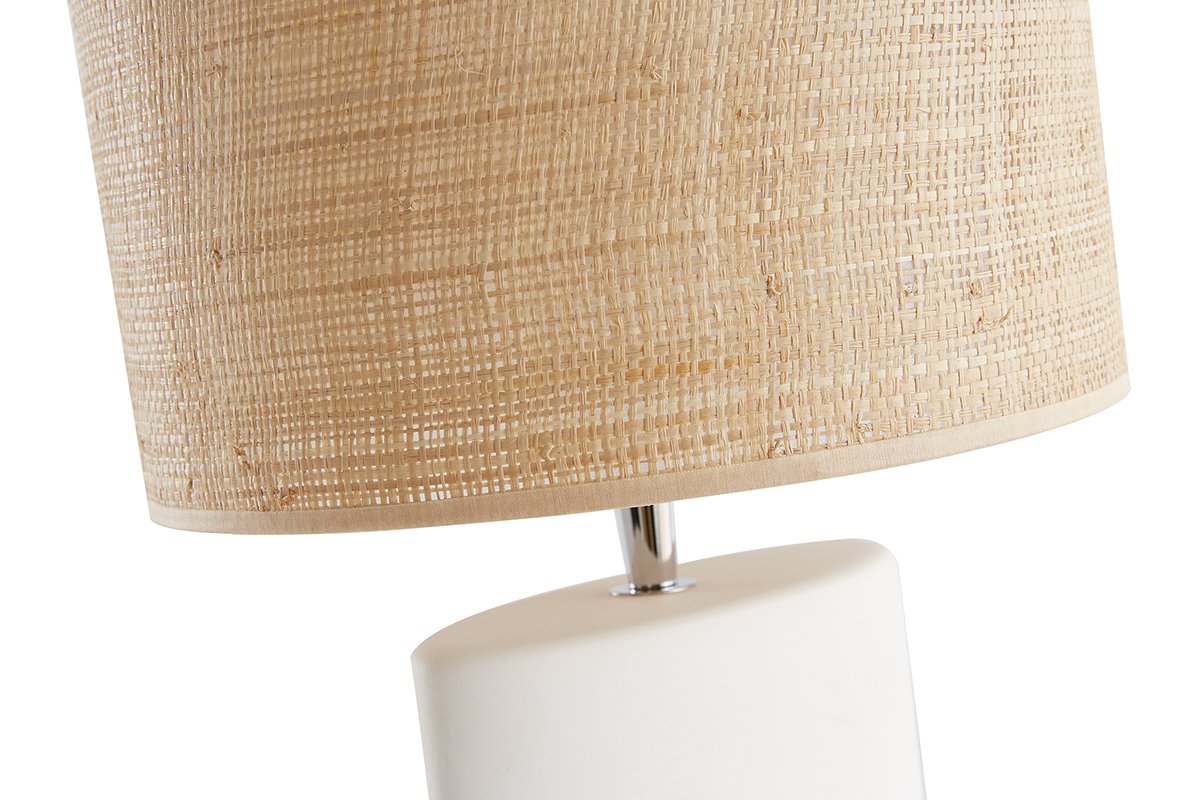 Lampe  poser en cramique blanc mat et abat-jour en raphia naturel H40 cm TIGA