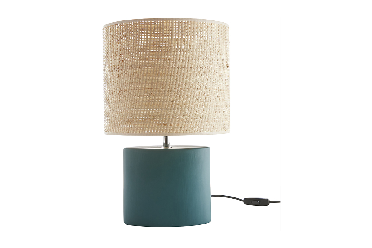 Lampe  poser en cramique bleu ptrole mat et abat-jour en raphia naturel H40 cm TIGA