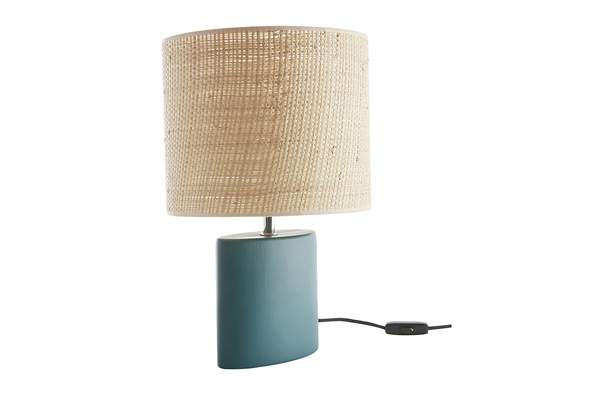 Lampe  poser en cramique bleu ptrole mat et abat-jour en raphia naturel H40 cm TIGA