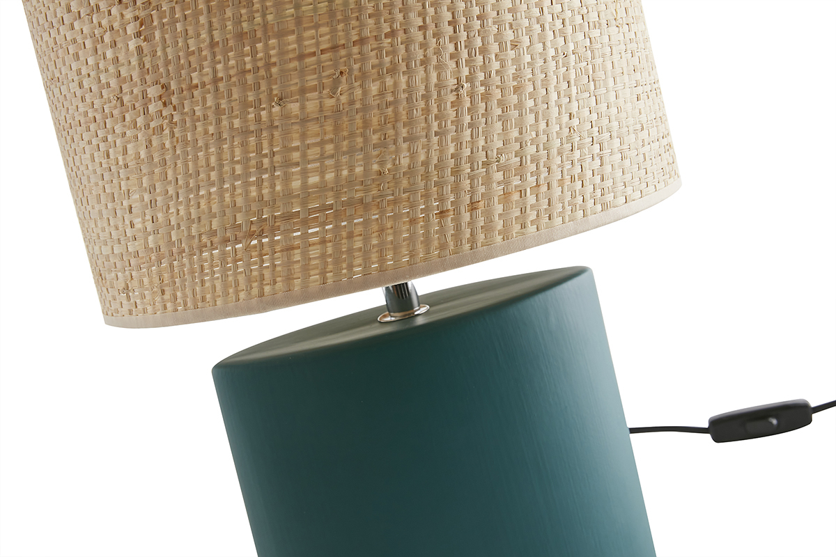 Lampe  poser en cramique bleu ptrole mat et abat-jour en raphia naturel H40 cm TIGA