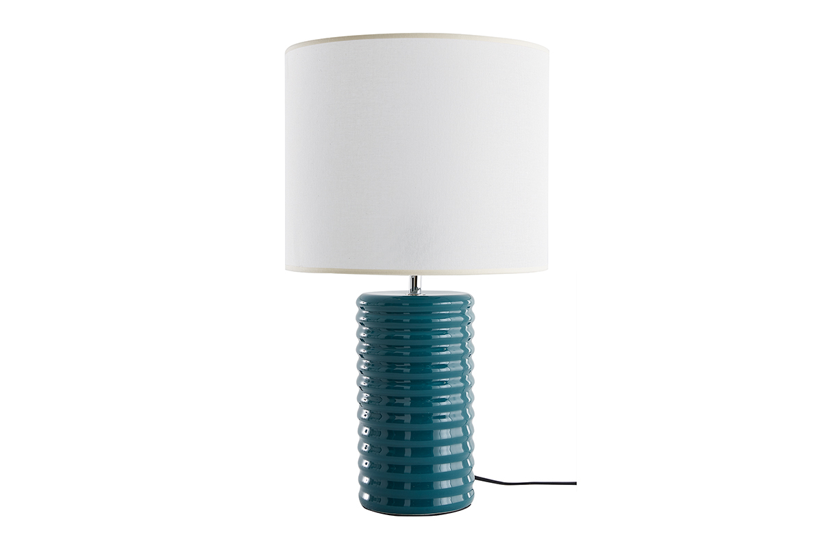 Lampe  poser en cramique maille bleu canard et abat-jour cru H53 cm BERRO