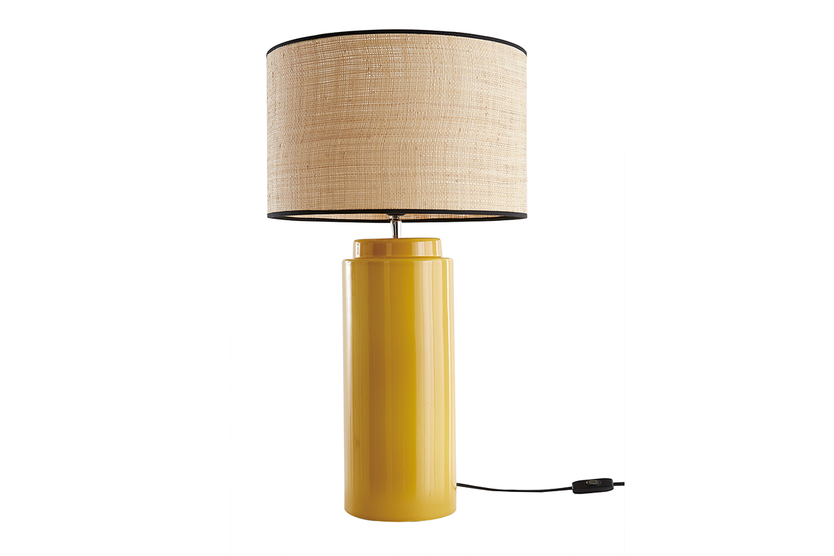 Lampe  poser en cramique maille jaune et abat-jour en raphia naturel H64 cm MAJES