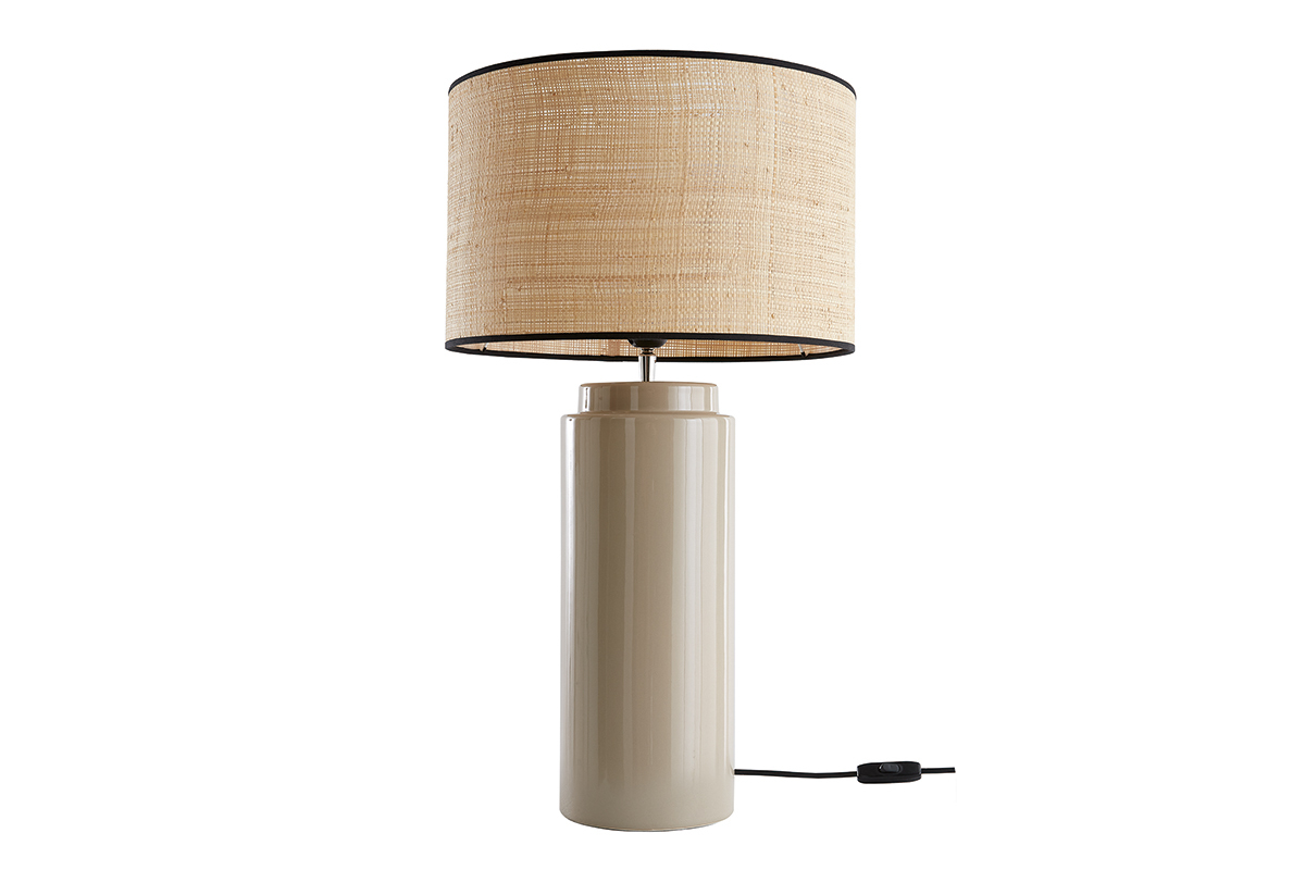 Lampe  poser en cramique maille taupe et abat-jour en raphia naturel H64 cm MAJES