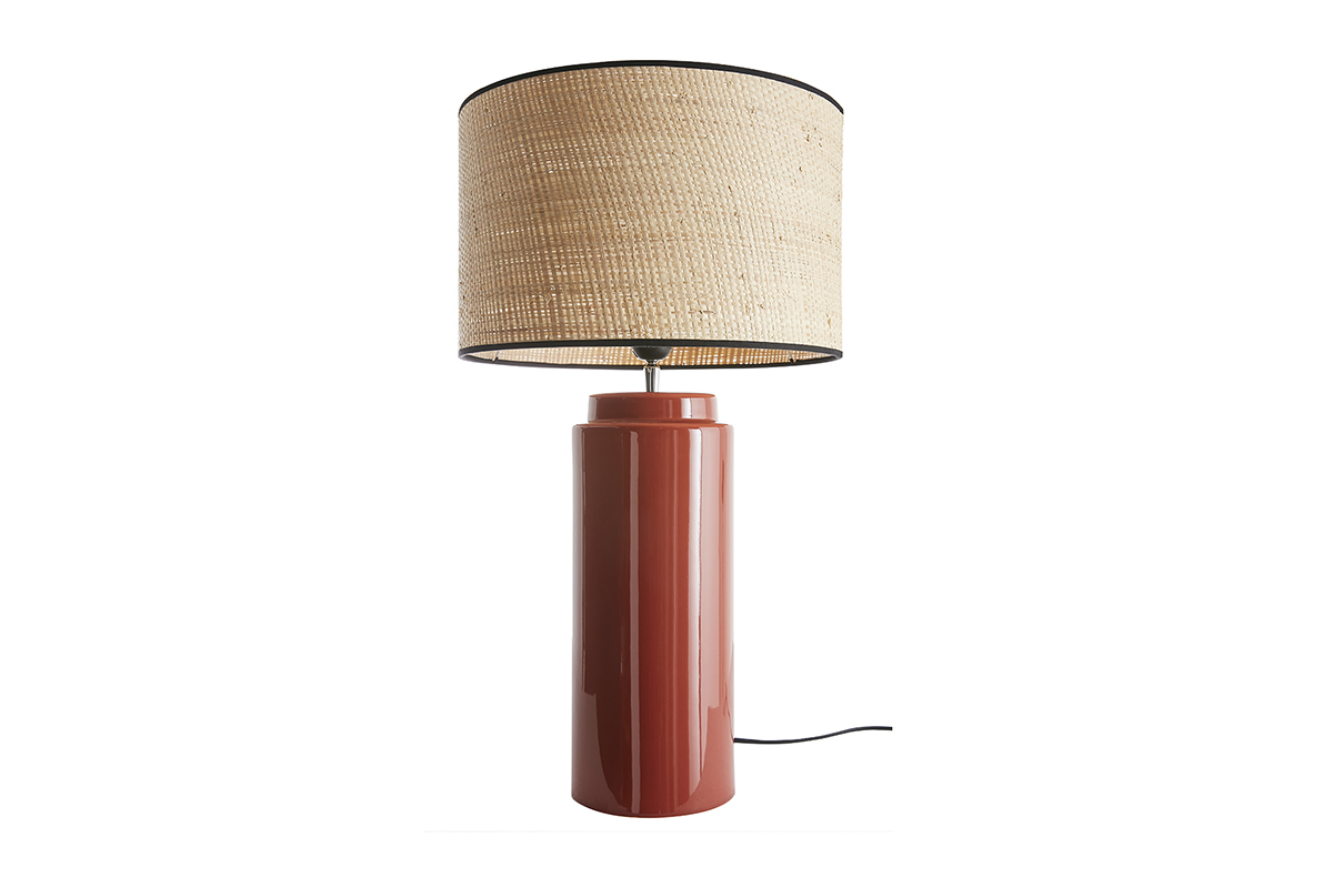 Lampe  poser en cramique maille terracotta et abat-jour en raphia naturel H64 cm MAJES