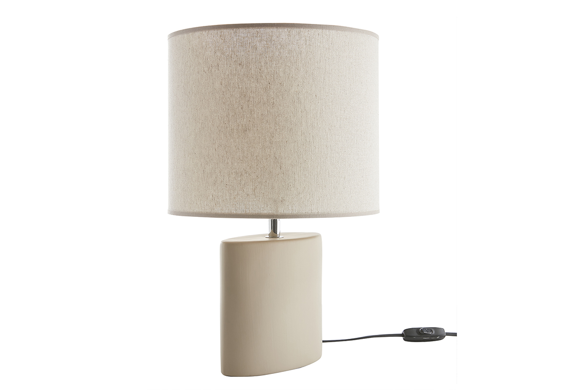 Lampe  poser en cramique taupe mat et abat-jour en lin naturel TIGA