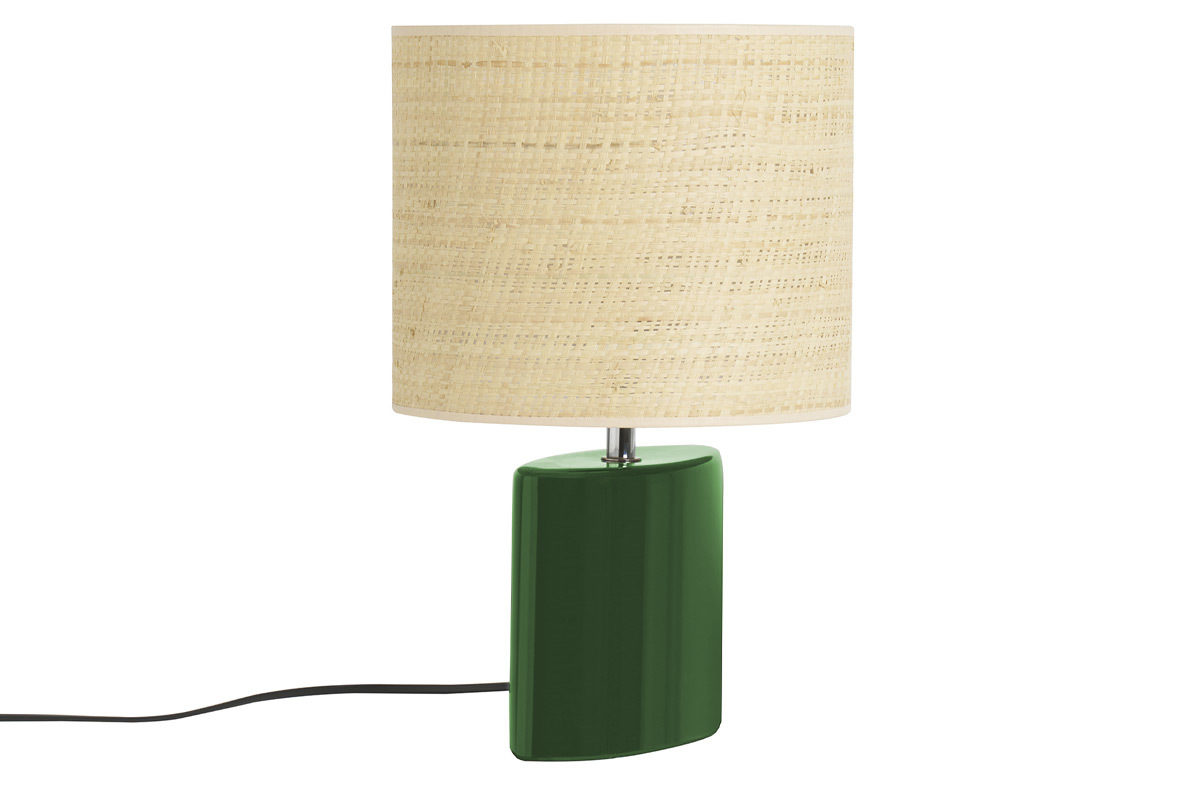 Lampe  poser en cramique vert fonc et abat-jour en raphia naturel H40 cm TIGA