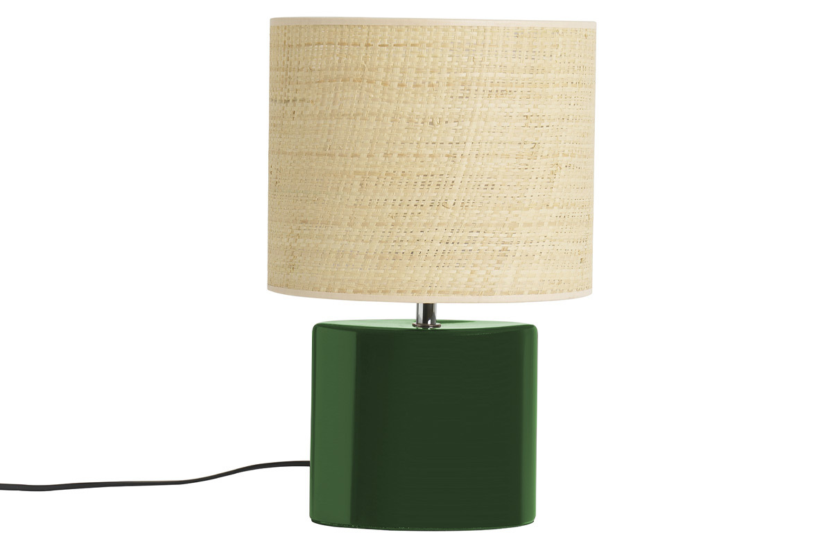 Lampe  poser en cramique vert fonc et abat-jour en raphia naturel H40 cm TIGA