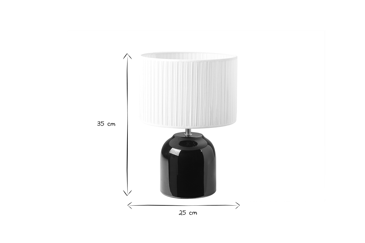 Lampe  poser noire en cramique brillante et abat-jour en tissu pliss blanc H35 cm PIEGA