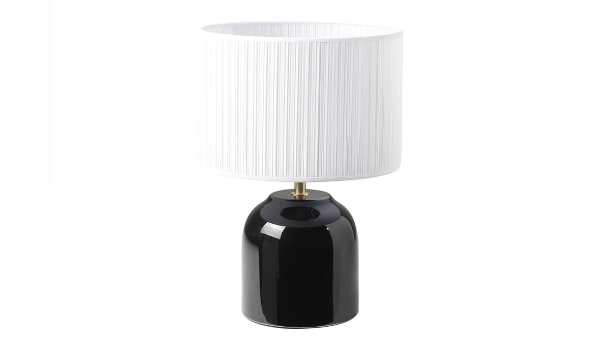 Lampe  poser noire en cramique brillante et abat-jour en tissu pliss blanc H35 cm PIEGA