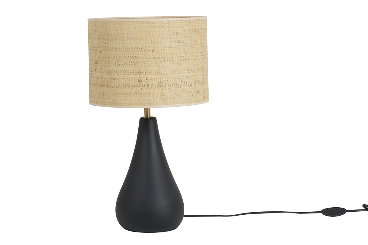 Lampe  poser noire en cramique mate et abat-jour en raphia H49 cm PYRUS