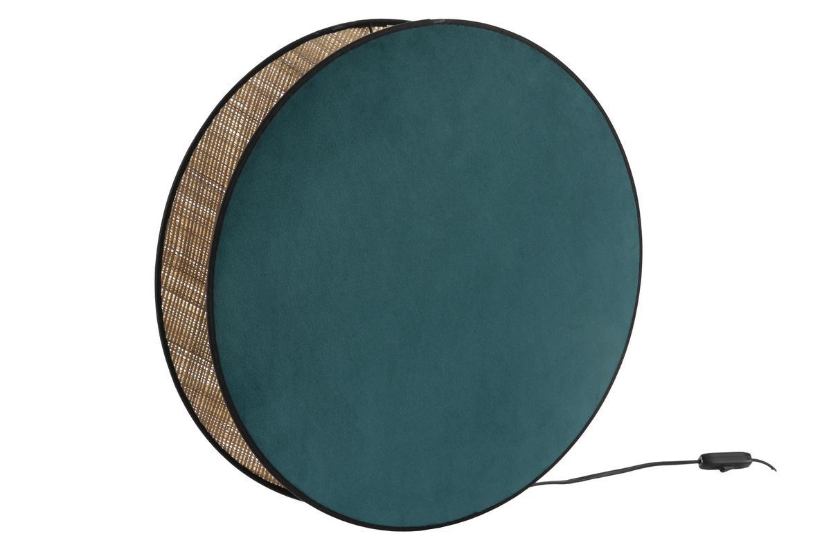 Lampe  poser ronde bi-matire en tissu velours bleu paon et rabane naturelle D49 cm VERSO