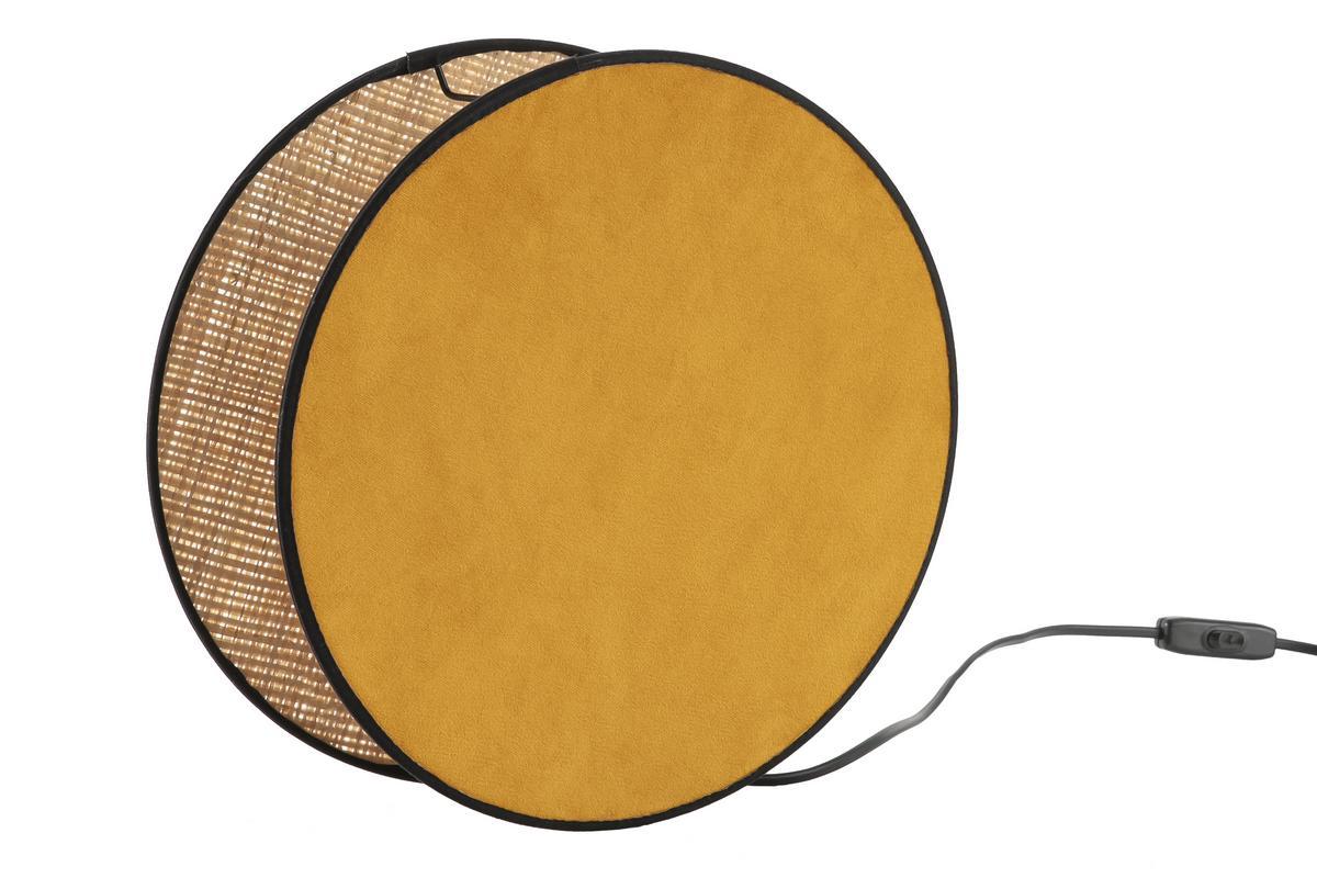 Lampe  poser ronde bi-matire en tissu velours jaune moutarde et rabane naturelle D35 cm VERSO