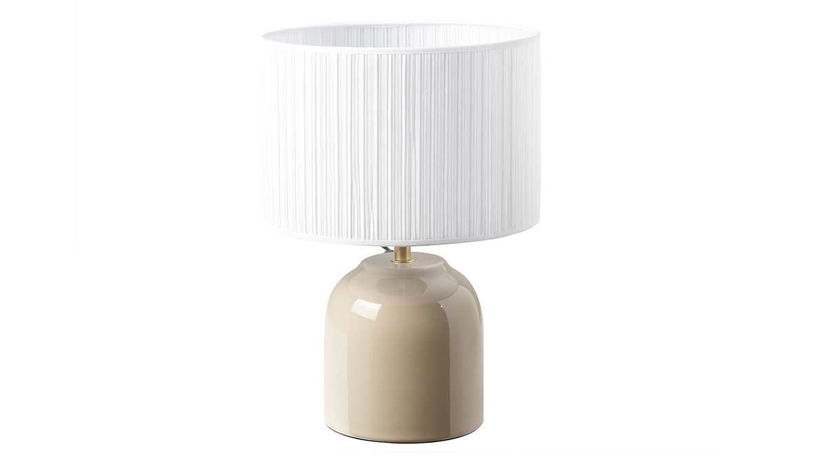 Lampe  poser taupe en cramique brillante et abat-jour en tissu pliss blanc H35 cm PIEGA