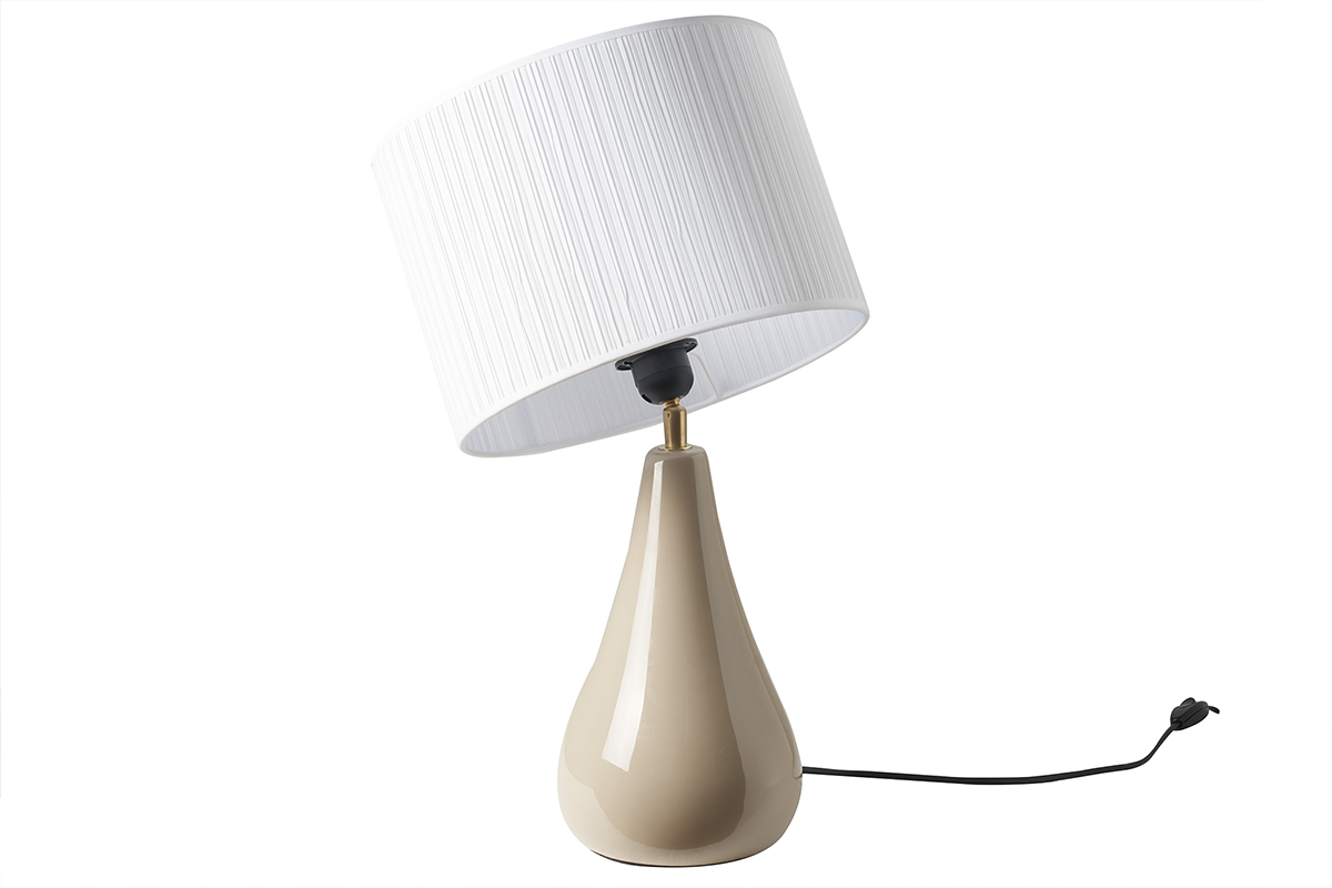 Lampe  poser taupe en cramique brillante et abat-jour en tissu pliss blanc H49 cm TROIA