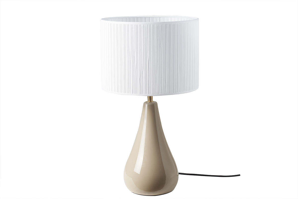 Lampe  poser taupe en cramique brillante et abat-jour en tissu pliss blanc H49 cm TROIA