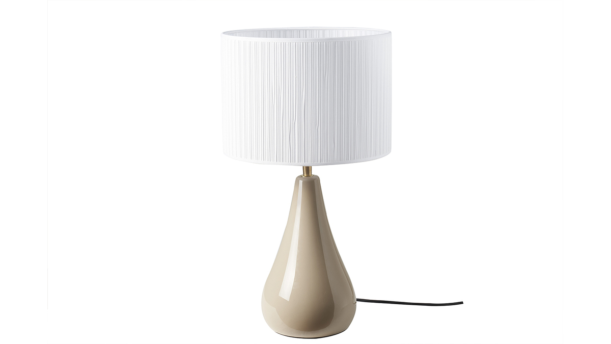 Lampe  poser taupe en cramique brillante et abat-jour en tissu pliss blanc H49 cm TROIA