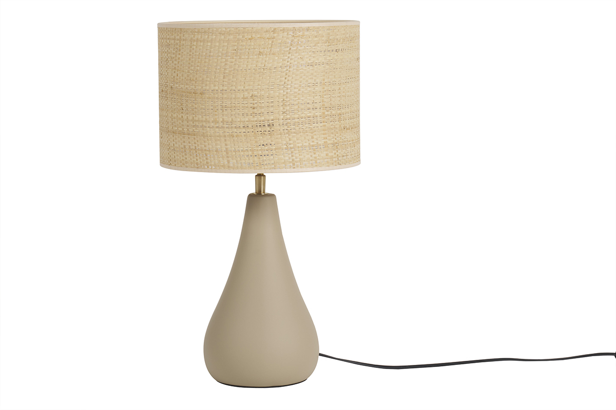 Lampe  poser taupe en cramique mate et abat-jour en raphia H49 cm PYRUS