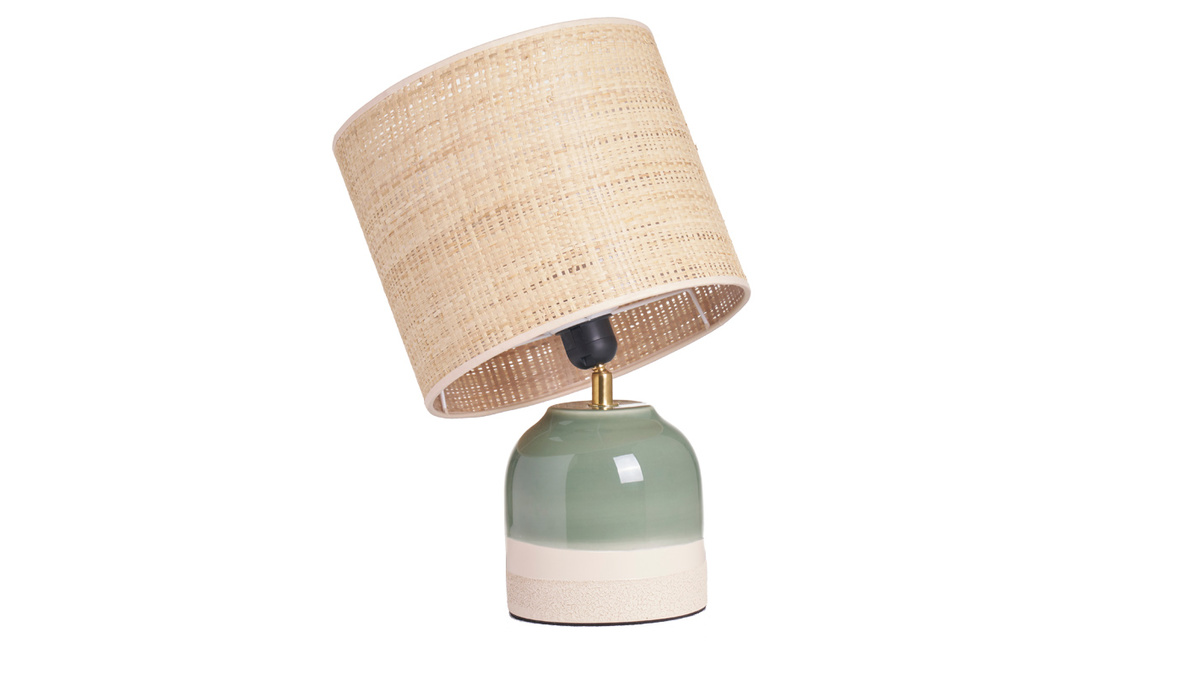 Lampe  poser verte en cramique et abat-jour en rabane H35 cm PIEGA