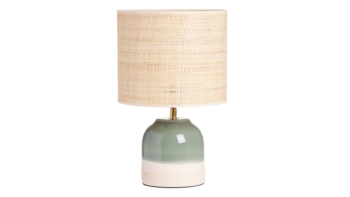 Lampe  poser verte en cramique et abat-jour en rabane H35 cm PIEGA