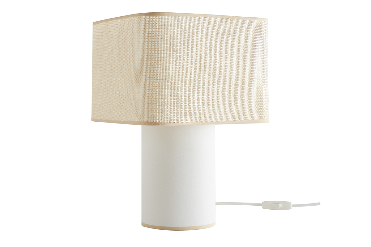 Lampe  poser vintage cube en coton cru et abat-jour en papier tiss H36 CUBO