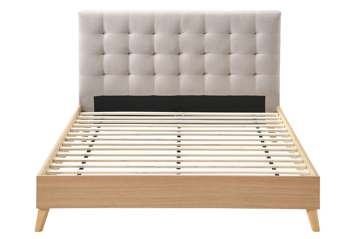 Lit 2 places 160x200 cm en bois et tissu beige LYNN