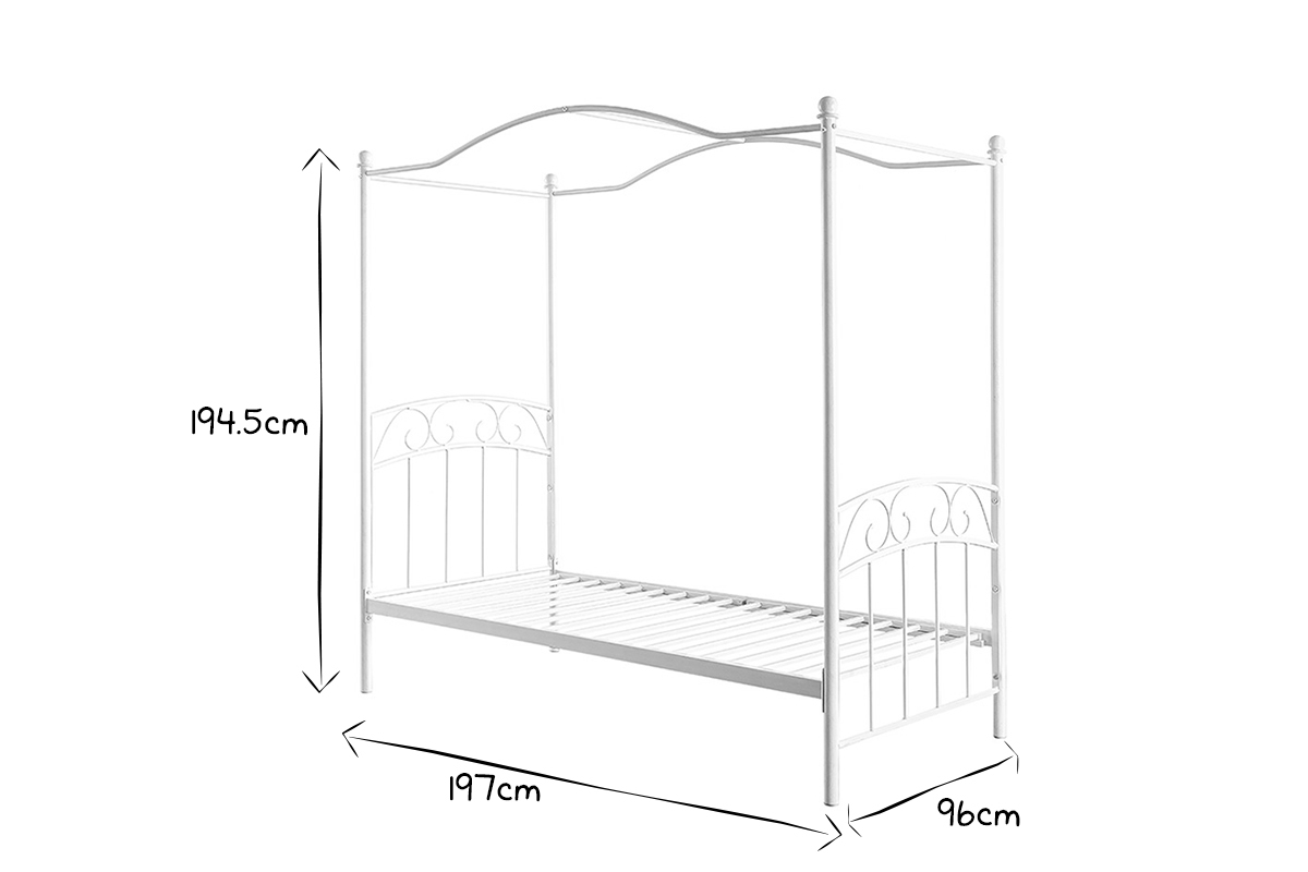 Lit baldaquin romantique 90x190 cm blanc BECCA