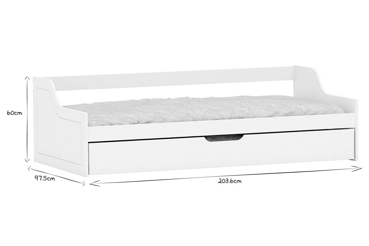 Lit banquette enfant  tiroir 90x200 pin blanc THEO