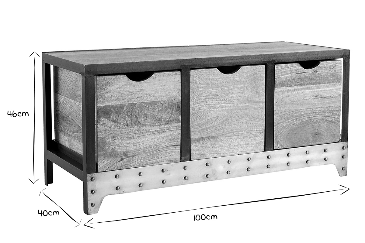 Meuble de rangement industriel en bois manguier massif et mtal noir 3 tiroirs L100 cm ATELIER