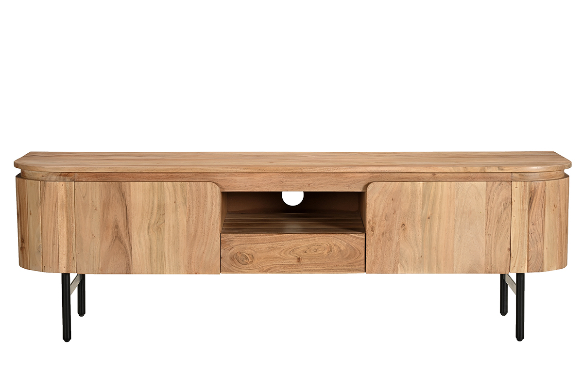 Meuble TV avec rangements en bois massif et mtal noir L160 cm NAPOLI