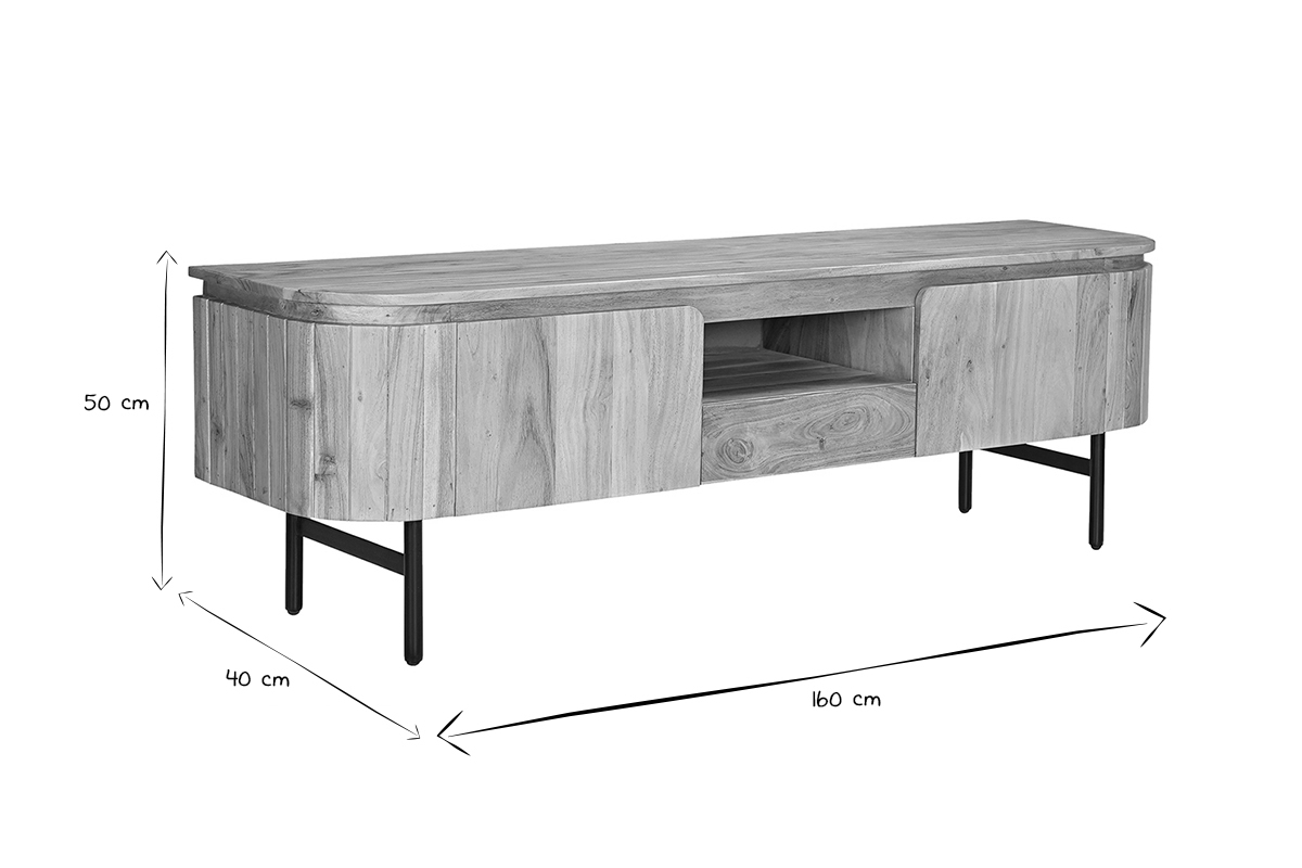 Meuble TV avec rangements en bois massif et mtal noir L160 cm NAPOLI