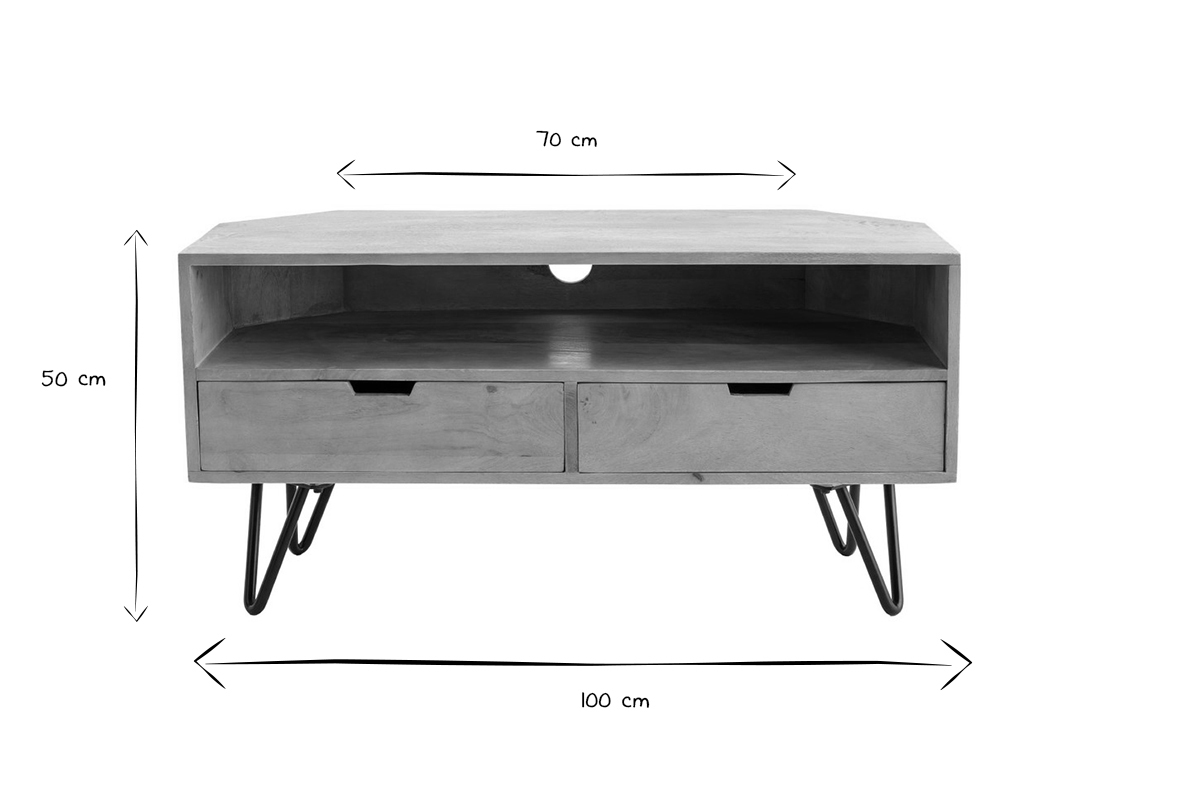 Meuble TV d'angle en bois manguier massif et mtal noir L100 cm VIBES