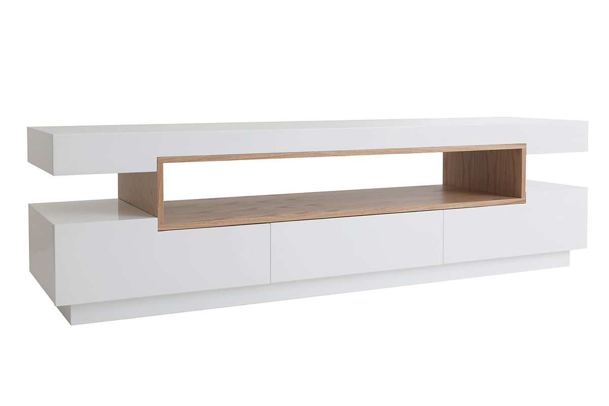 Meuble TV design blanc et bois L200 cm LIVO