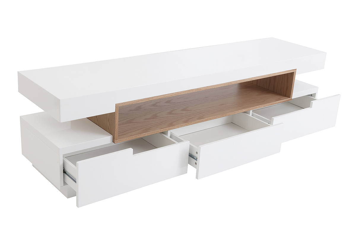 Meuble TV design blanc et bois L200 cm LIVO