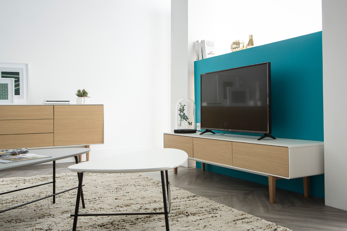 Meuble TV design contemporain blanc et bois ROMY