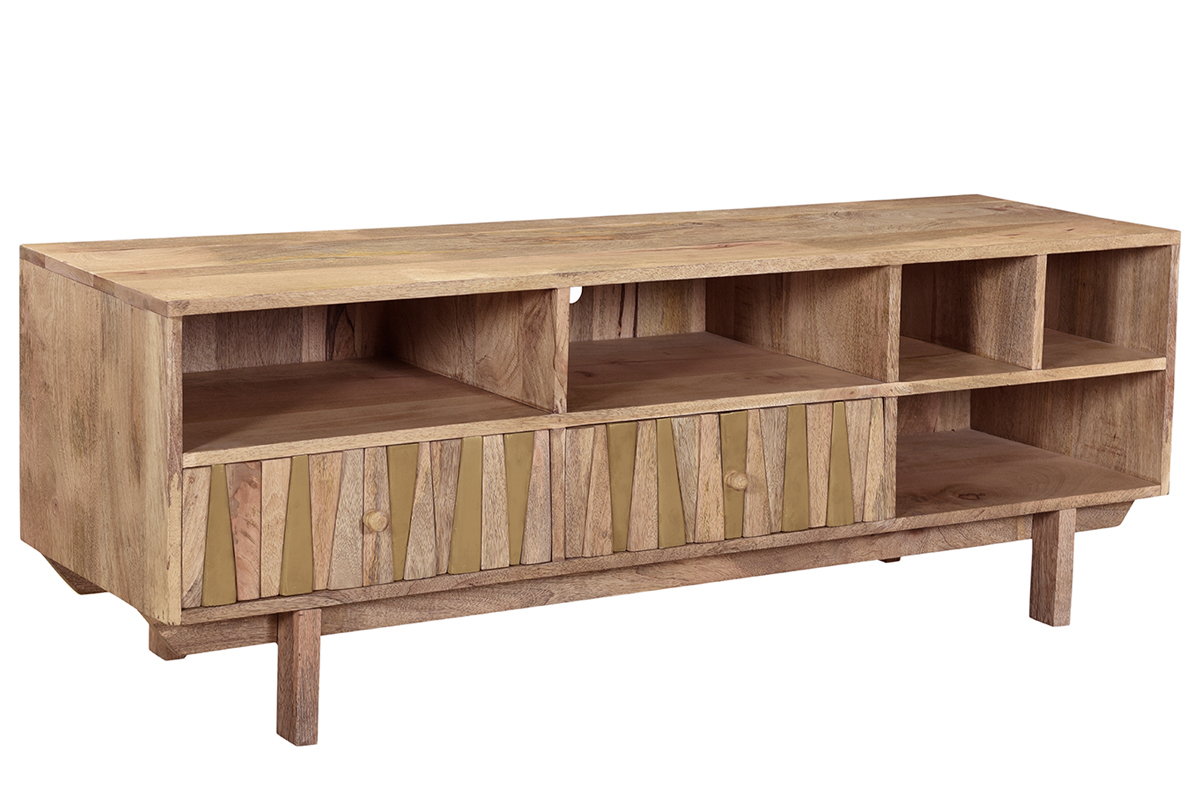 Meuble TV design en bois manguier massif et dtails dors L140 cm ZAIKA