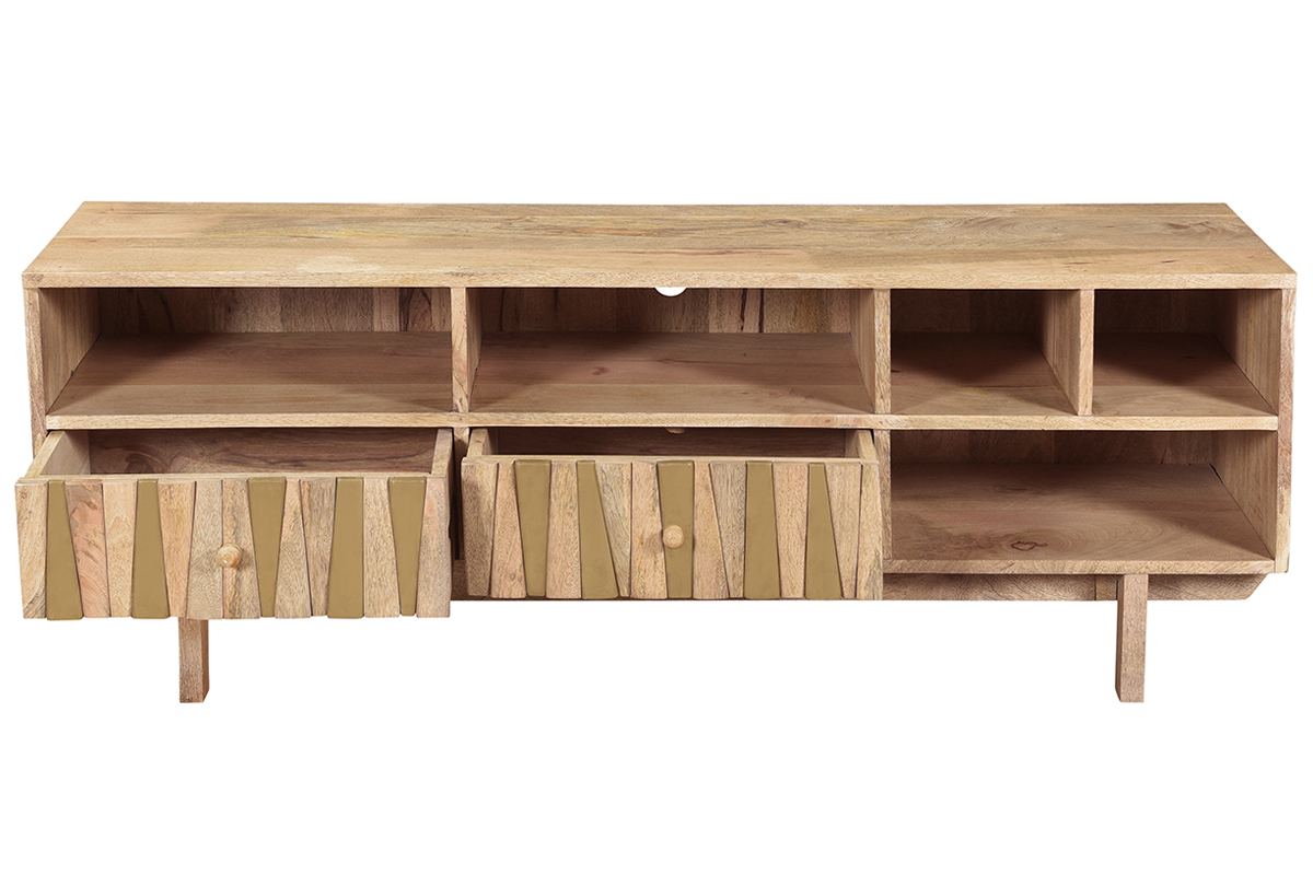 Meuble TV design en bois manguier massif et dtails dors L140 cm ZAIKA