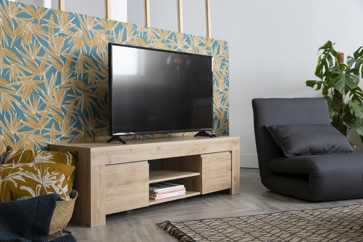 Meuble TV design finition bois chne L138 cm TINO