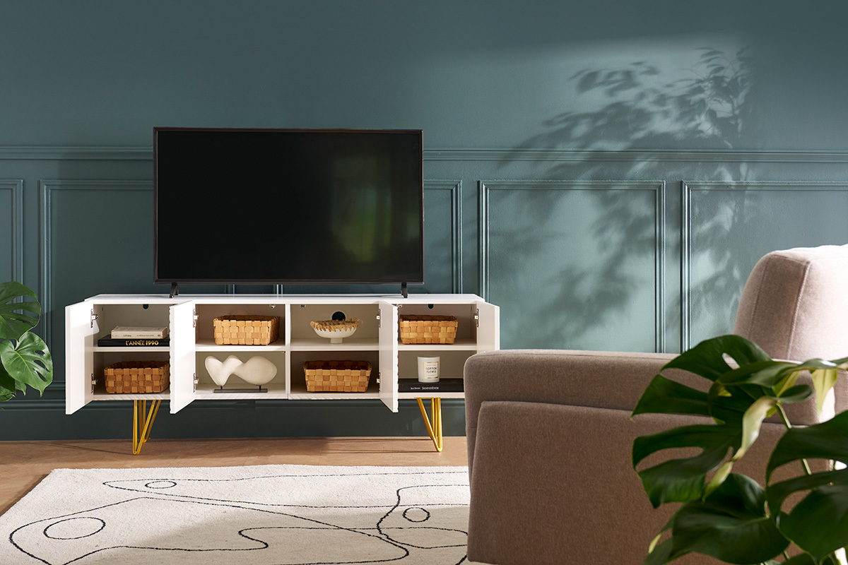 Meuble TV design grav blanc et mtal dor L140 cm OZEN